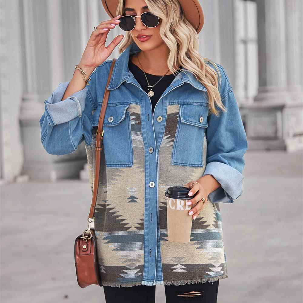 stitching pattern coat long denim button woolen loose