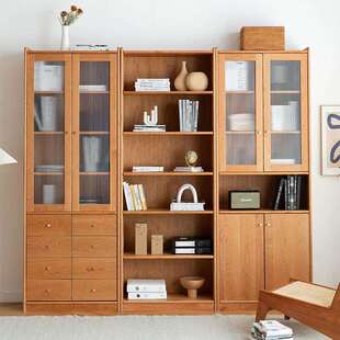 北欧全实木樱桃木书架置物架展示边柜极简式玻璃格子一体靠墙书架