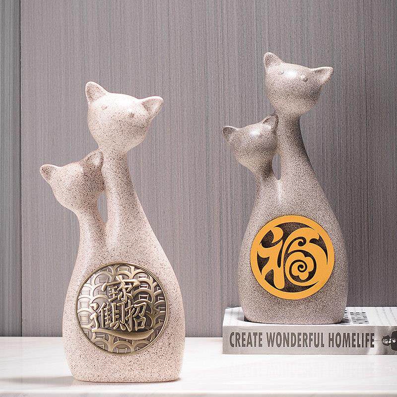 招财福气亲子猫咪摆件电视柜酒柜隔断玄关家居装饰品开业桌面礼品