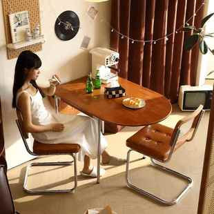 中古风折叠餐桌实木家用客厅饭桌小户型餐厅吃饭椭圆形餐桌椅组合