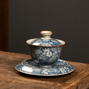 茶碗复古可养小型办公室冲茶器茶杯 汝窑青花陶瓷三才盖碗家用中式