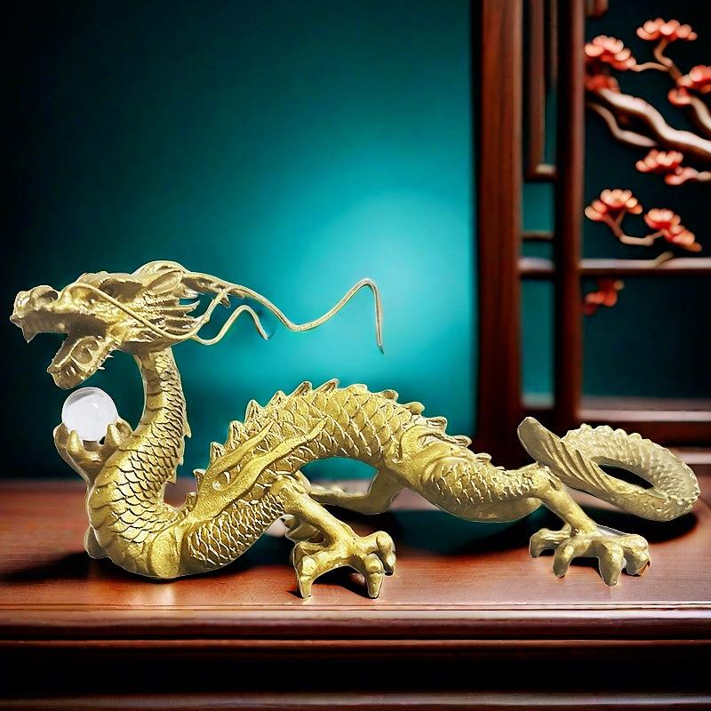 黄铜五爪龙摆件带玻璃珠12生肖家居吉祥物办公室桌面工艺装饰品