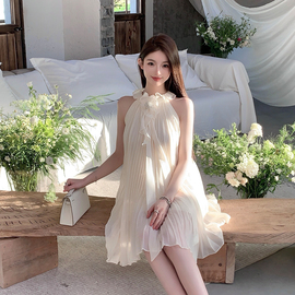 fairyjiang夏季荷叶边白色无袖，挂脖雪纺连衣裙短款仙女，裙子含胸针