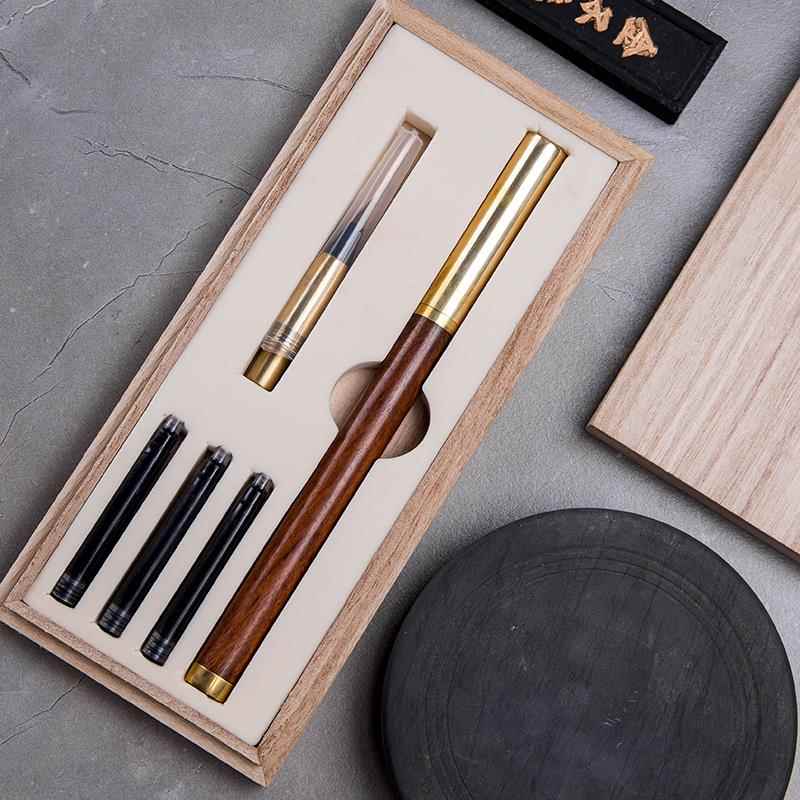 新款秀笔丽笔钢笔式毛笔红木黄便携软笔狼毫软头笔小楷铜加墨墨囊