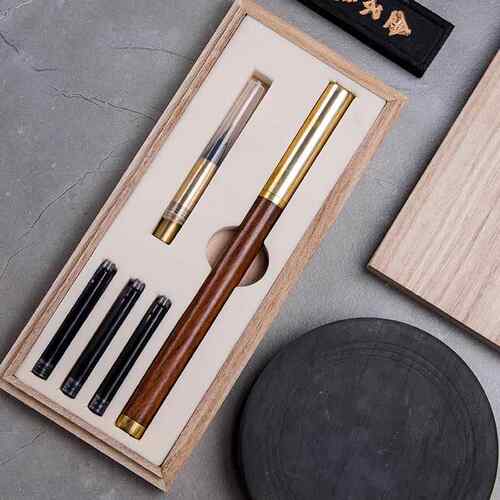 高档秀丽笔钢笔式送毛笔红木黄铜便携软狼软头笔小楷加毫墨墨囊书