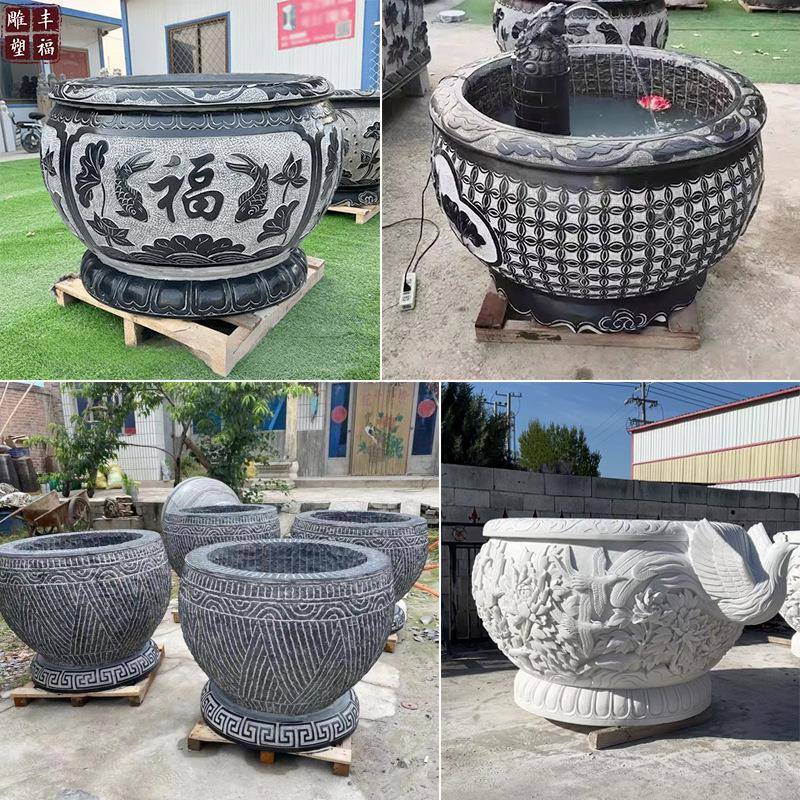 石缸青石雕花鱼缸 汉白玉荷花鲤鱼福字石材鱼缸 庭院别墅石雕缸