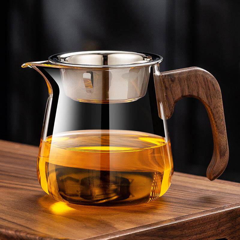 加厚玻璃公道杯茶漏一体胡桃木把耐热家用带盖高档分茶器倒茶公杯
