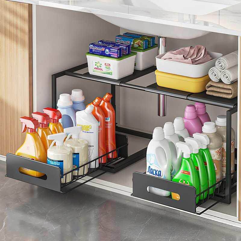 亚马逊厨房橱柜置物架下水槽储物收纳架可伸缩抽拉式抽屉篮整理架