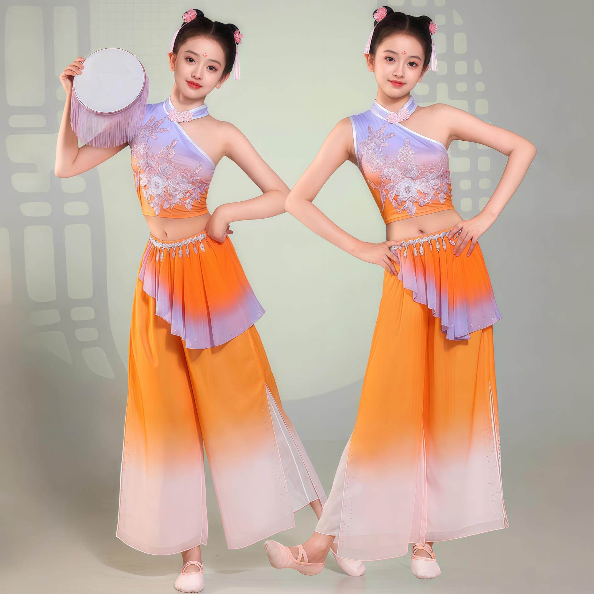 钱鼓舞儿童演出服中国风古典舞艺考胶州秧歌服铃鼓道具春嬉舞蹈服