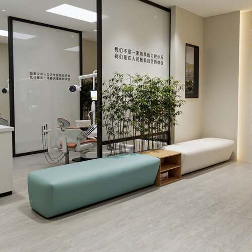 口腔诊所走廊休息区长条沙发凳接待培训机构早教会客储物茶几组合