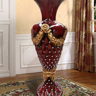 批发新款大号客厅欧式落地树脂玻璃钢陶瓷绢花花插红色镶钻大花瓶