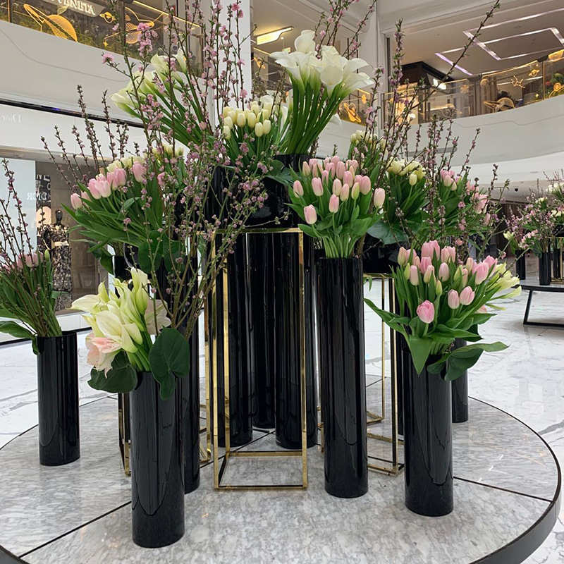 加厚高档黑色色料玻璃花瓶圆形直桶酒店婚庆路引水培桌面装饰花器