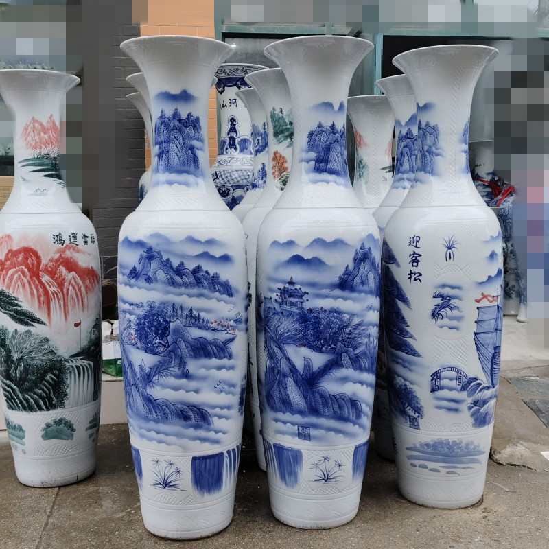 陶瓷装饰摆件落地大花瓶手绘釉下彩青花山水陶瓷大摆件开业礼品瓷