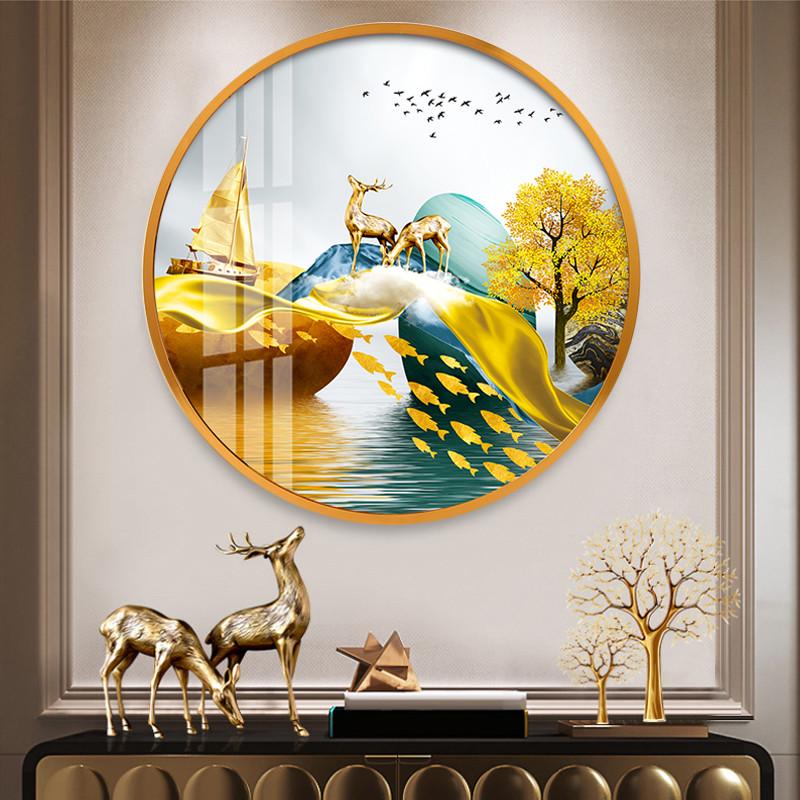 轻奢北欧玄关圆形装饰画壁画招财麋鹿饭厅餐厅背景墙挂画带灯墙画图片