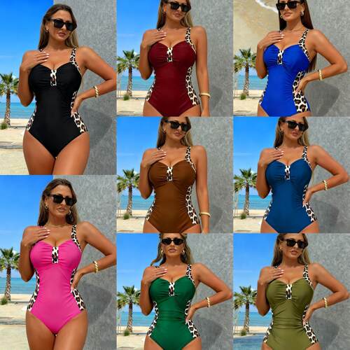 Women'S Fashion One-Piece Swimsuit, Leopard Patchwork,
