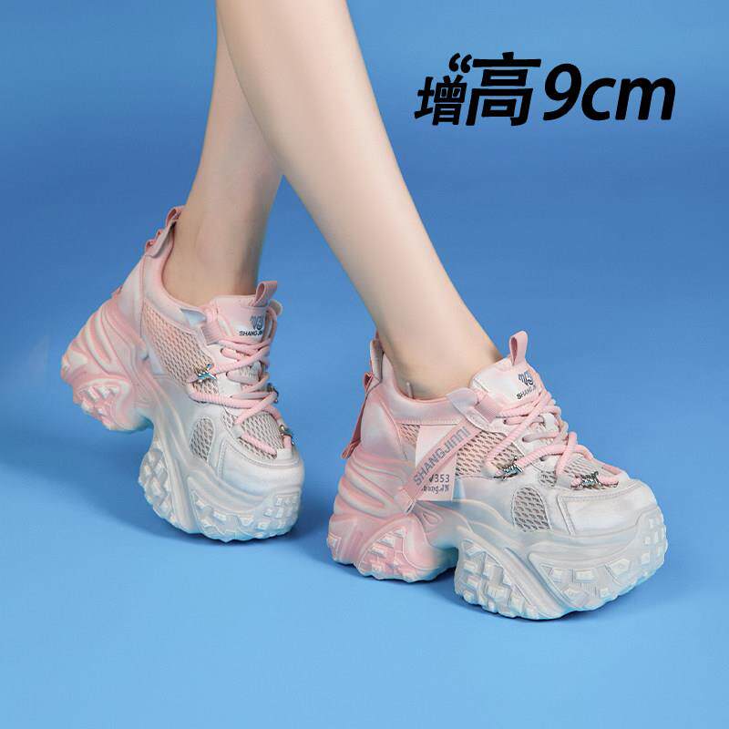 韩版软底老爹鞋女夏季2026新款小个子内增高厚底女鞋网面透气凉鞋