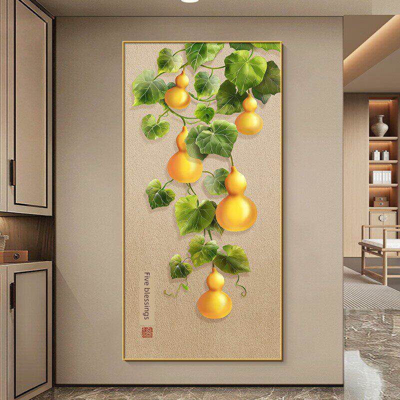 五福临门入口大厅装饰画新中国风客厅挂画对门走廊过道葫芦水晶瓷