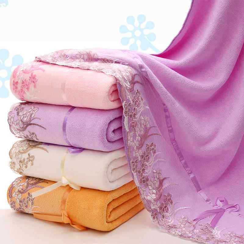 新款直销毛巾浴巾套装超细纤维蕾丝花边刺绣卡通柔软吸水成人男女