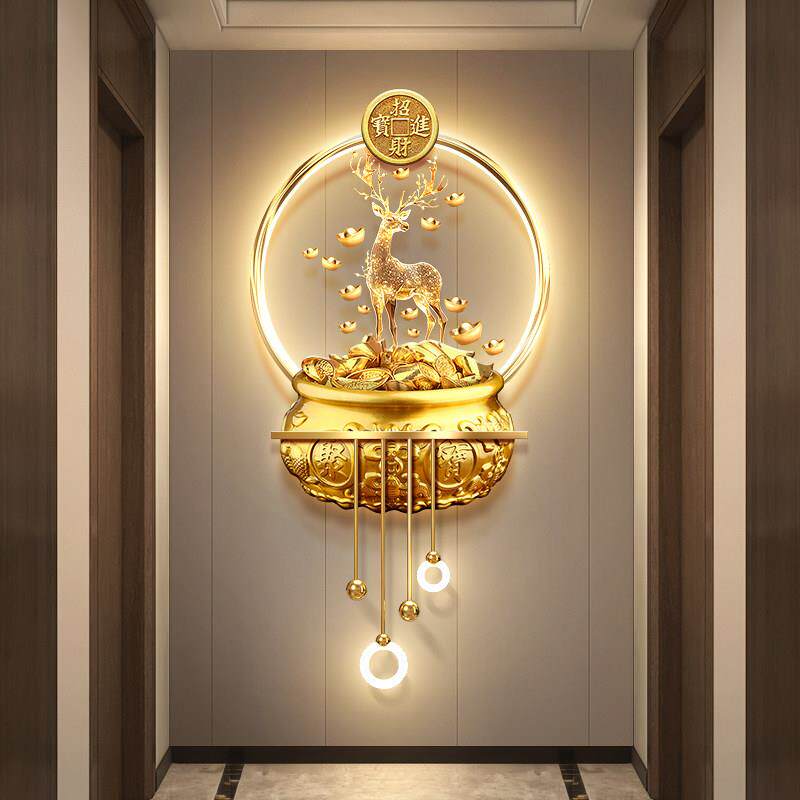 发财麋鹿玄关装饰画 画聚宝盆走廊尽头挂画 画轻奢招财进宝入户带