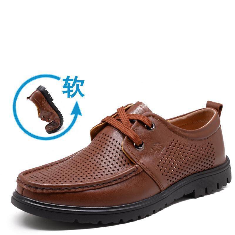 正品夏季5男士皮凉真皮35小码36透气37镂空皮鞋男洞大码4 46鞋 47