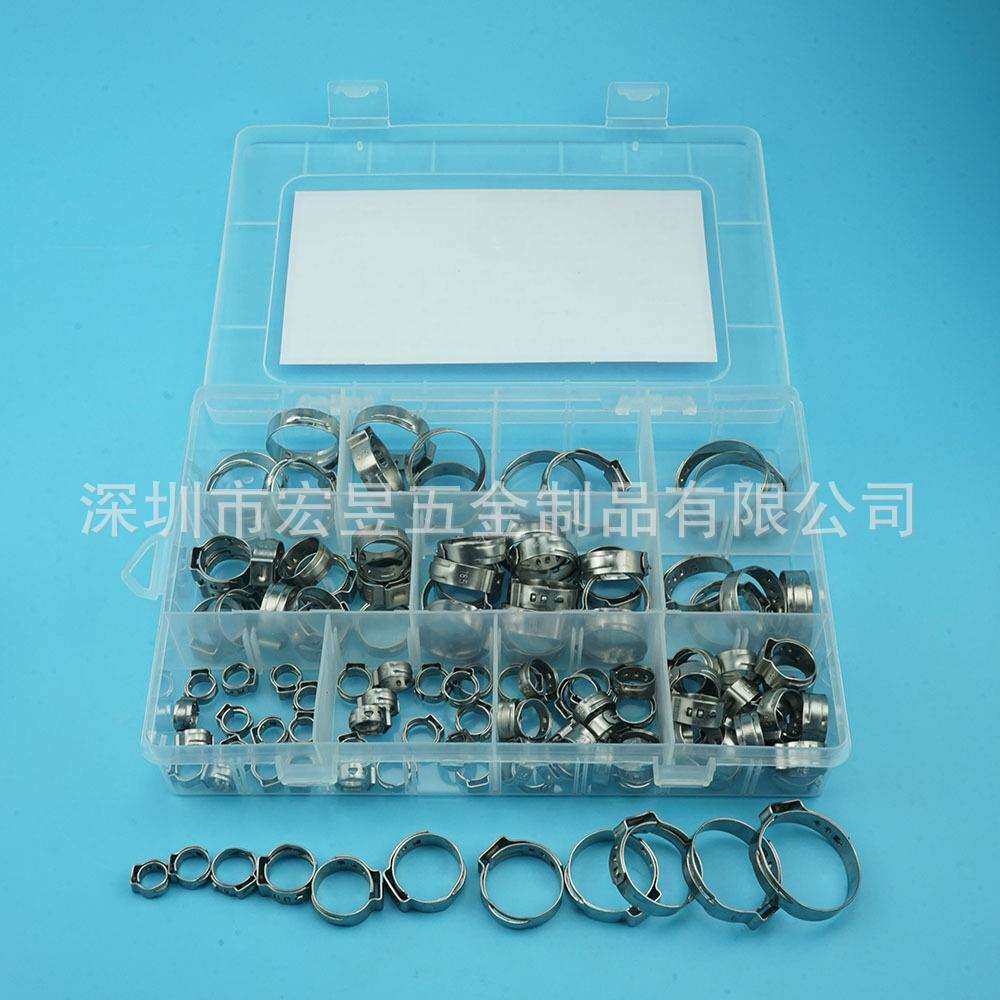 121pcs 304不锈钢单耳无极喉箍卡箍软管夹美式喉箍组合套装盒装