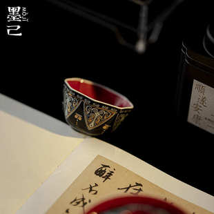 墨己金银错陶瓷八方茶杯功夫茶具家用品茗杯单杯仿漆器仿古小杯子