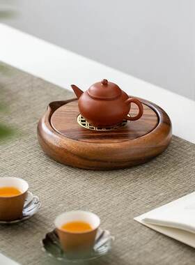 胡桃木实木质壶承湿泡茶台圆形储水茶盘紫砂养壶茶垫茶壶功夫托盘