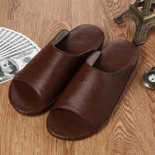 正品居家居真皮拖鞋男夏 头凉层全牛皮木地室鞋 内牛筋底防滑板一