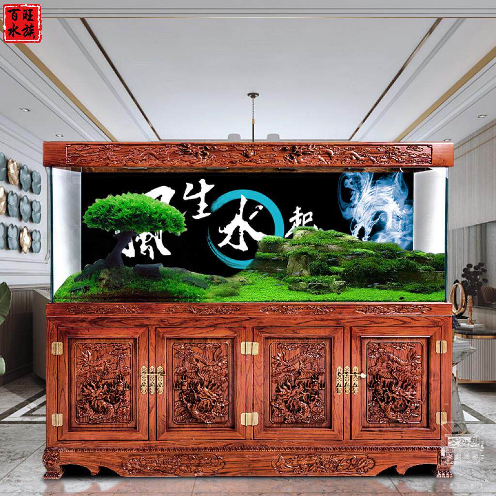 实木鱼缸定制红木中式鱼缸底柜水族箱客厅大型花梨木龙鱼缸超白缸