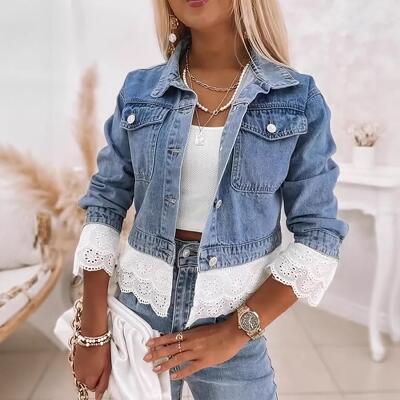 Womens Fashionable Lace-Trimmed Short Denim Jacket Spliced