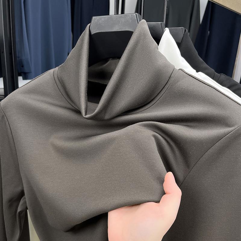 莫代尔纤维亲肤桑蚕丝纯色高领打底衫男春秋新款长袖白色T恤上衣