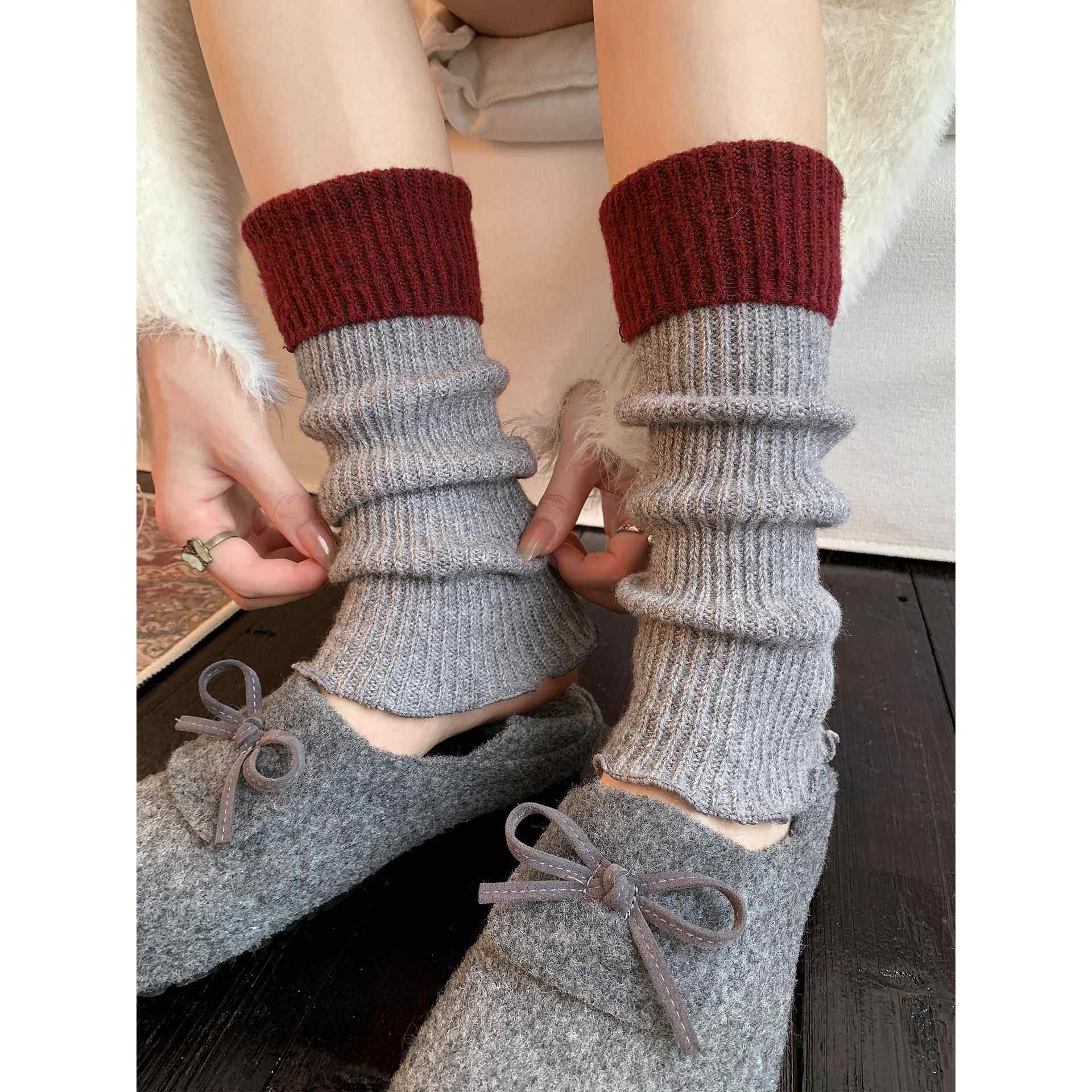 针织袜套女春秋堆堆袜撞色拼接Y2K腿套搭配勃肯鞋春秋款小腿袜套