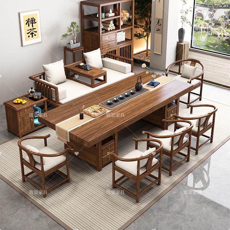 乌金木大板实木罗汉床茶桌椅组合办公室家用茶几一体烧水壶泡茶台