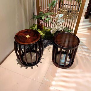 新中式乌金木凳子茶台圆凳子鼓凳家用客厅实木方凳茶室太师椅围椅