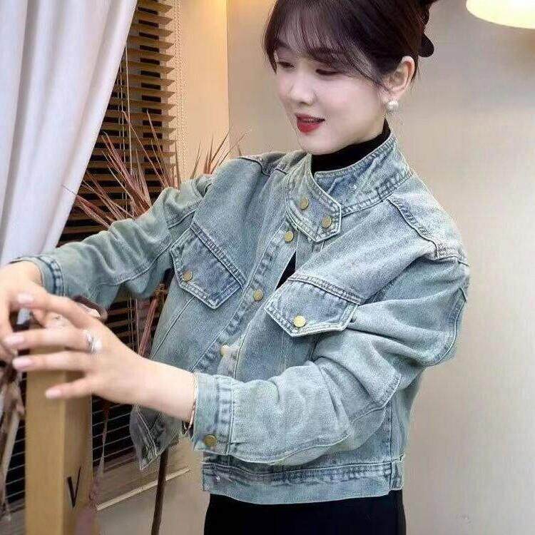 港风复古立领牛仔外套女2026春秋新款设计感宽松休闲短款夹克上衣