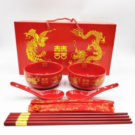 结婚红碗饭碗喜碗陪嫁家用喜庆一整套中国陶瓷红色碗筷套装婚庆
