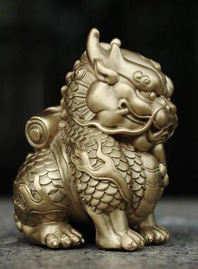 纯铜麒麟背书桌面小摆件书房文房镇纸创意文玩手把件茶宠男士礼品
