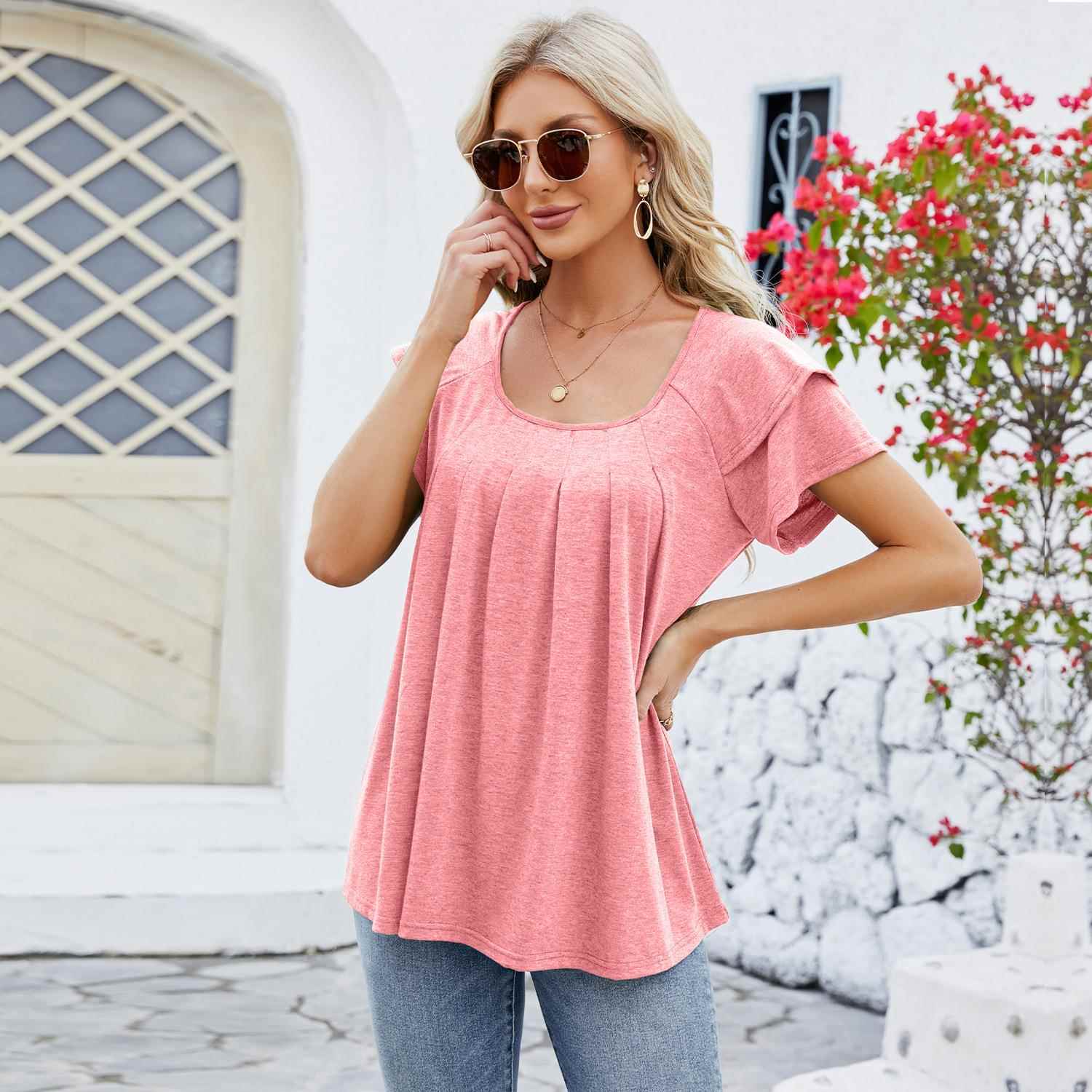Womens round petal pleated top female color neck double