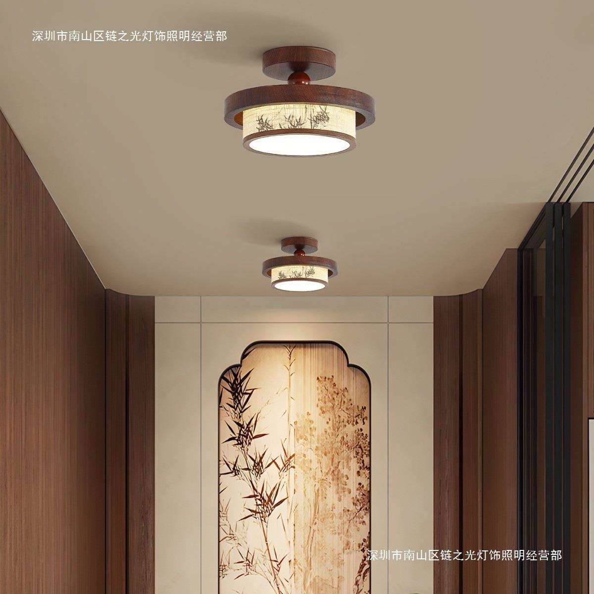 过道吸顶灯宋式美学印花竹影中式复古玄关灯胡桃木纹中古风走廊灯