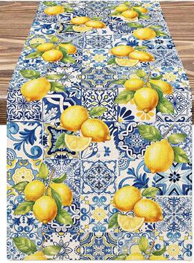Summer Lemon Tiles Linen Table Runner Holiday Party Decor Re