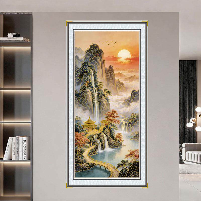 浮雕描金云溪金阁靠山图办公室装饰画客厅背景墙挂画新中式山水画