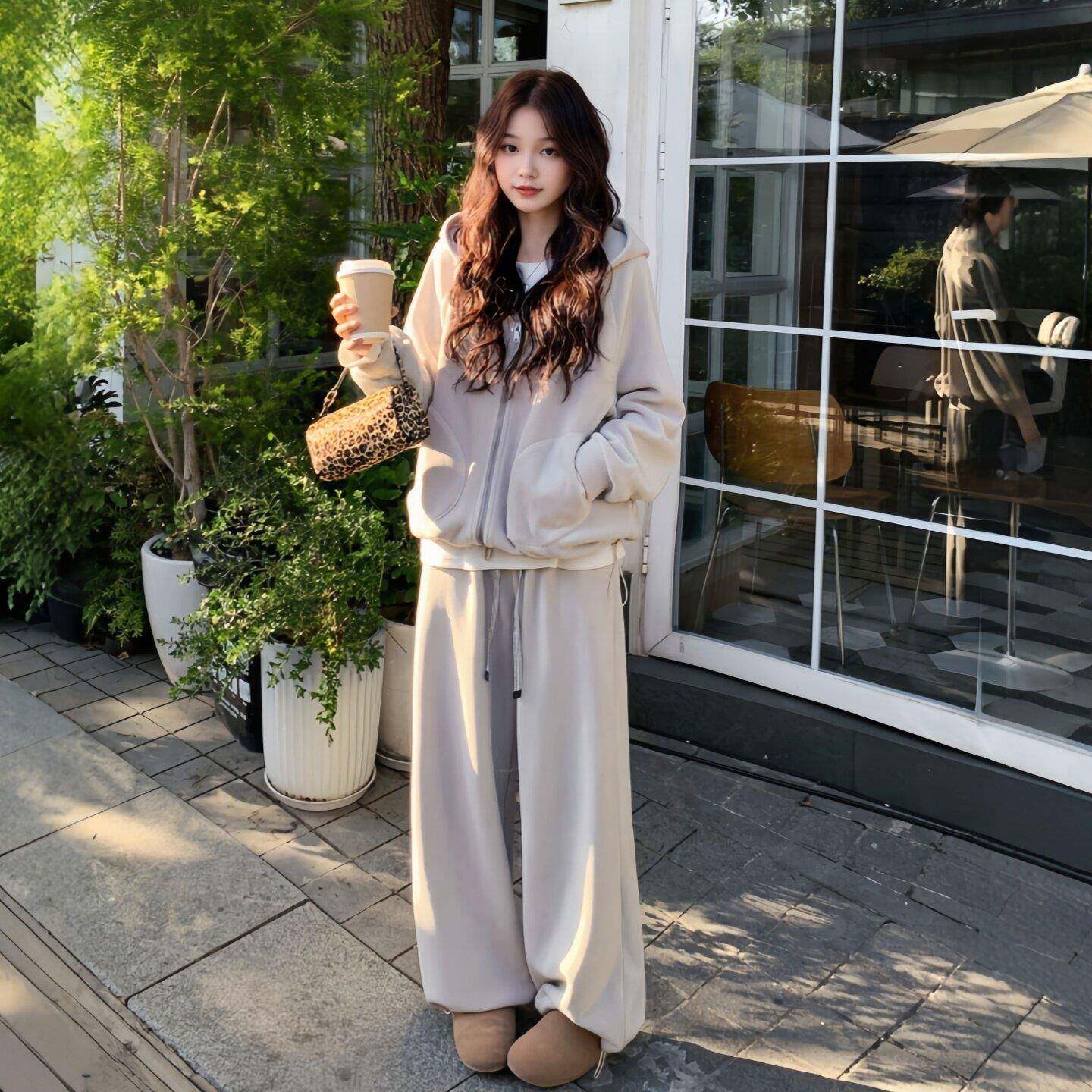 欧洲站连帽卫衣套装女2025秋季大码胖MM宽松显瘦卫衣阔腿裤两件套