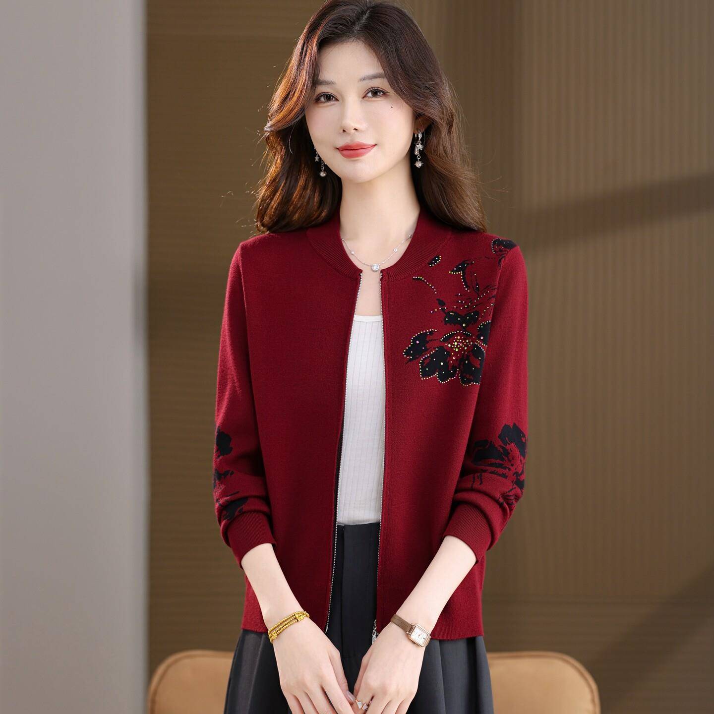 妈妈装棒球领拉链针织开衫女秋季新中式花卉印花宽松短款毛衣外套