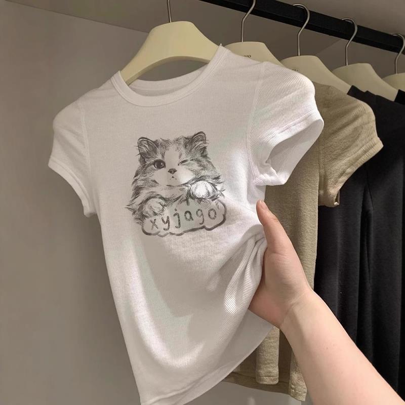 流行修身正肩上衣女生学院风2026年夏季显白小猫印花圆领短袖t恤