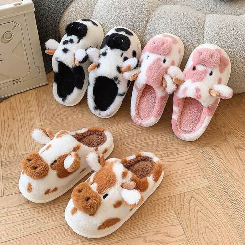 Pallene Cow Milk Fuzzy Slippers for Women Winter Cartoon Fur