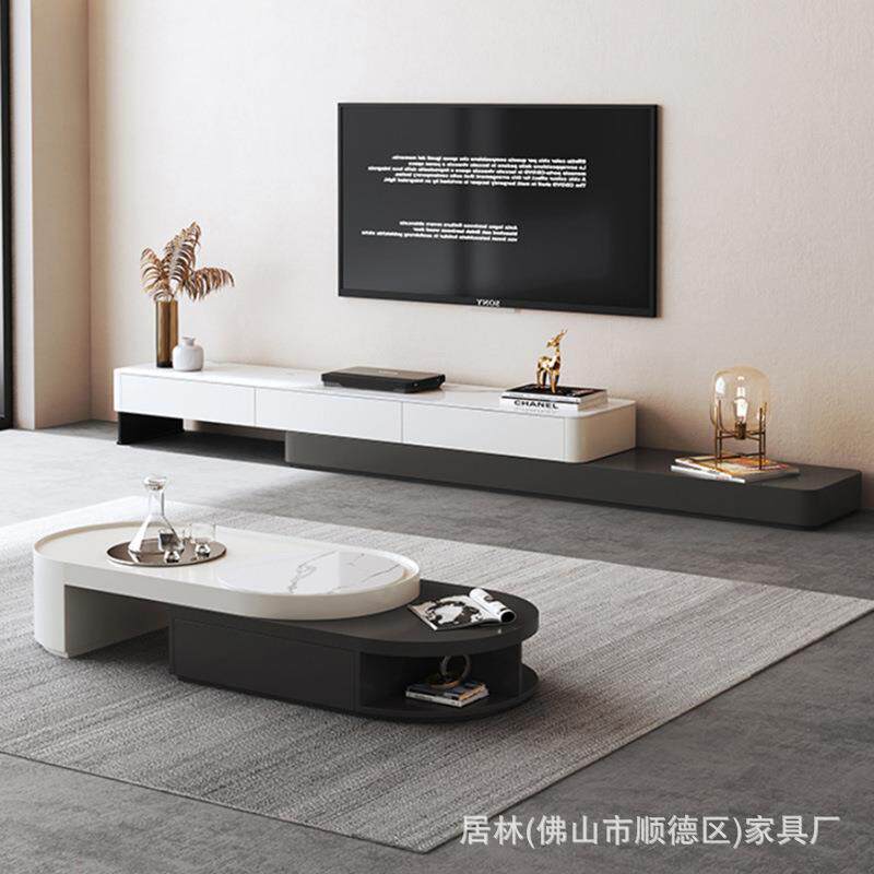 意式简现代约客意厅家用小极户型黑白创伸缩方形电视柜简茶44几组