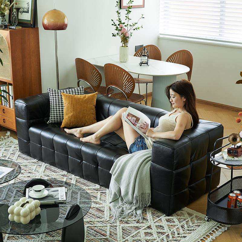 意式极简布艺沙发棉花糖小户型客厅网红黑色直排皮艺双人沙发