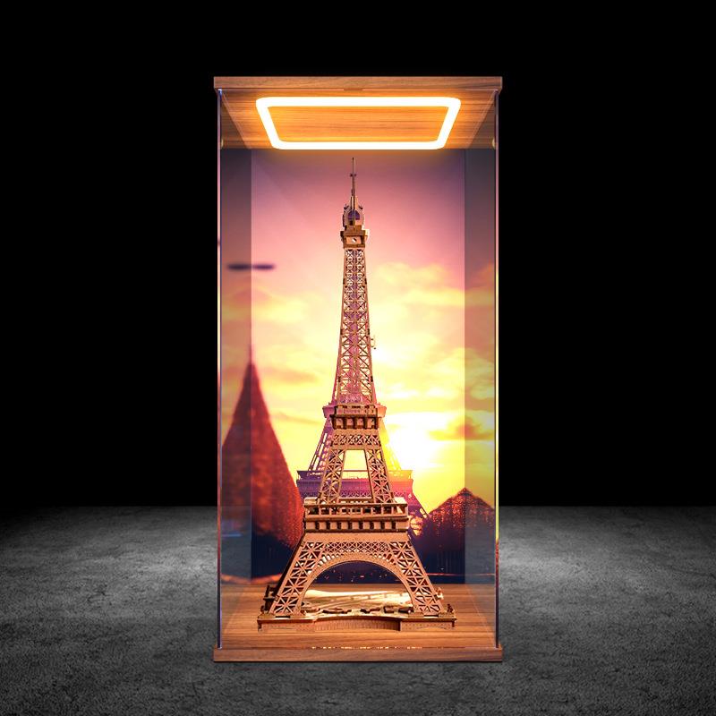 适用若客若来造物集埃菲尔铁塔之夜木质模型高清防尘罩灯光展示盒