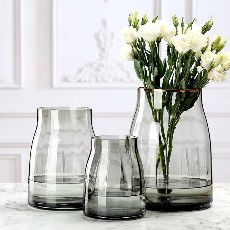 北欧简约原色玻璃花瓶透明插花灰色描金矮胖大口竖条纹清新插花瓶