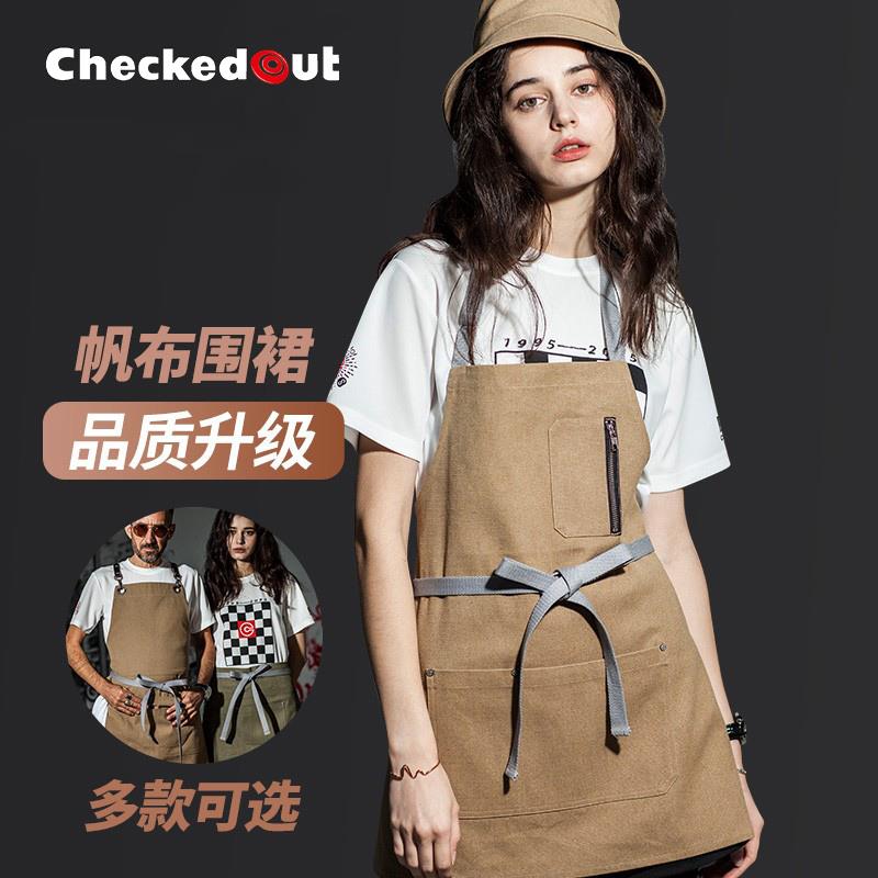 厨房工作餐饮围裙水洗帆布围腰西餐厅咖啡店服务员挂脖口袋围裙